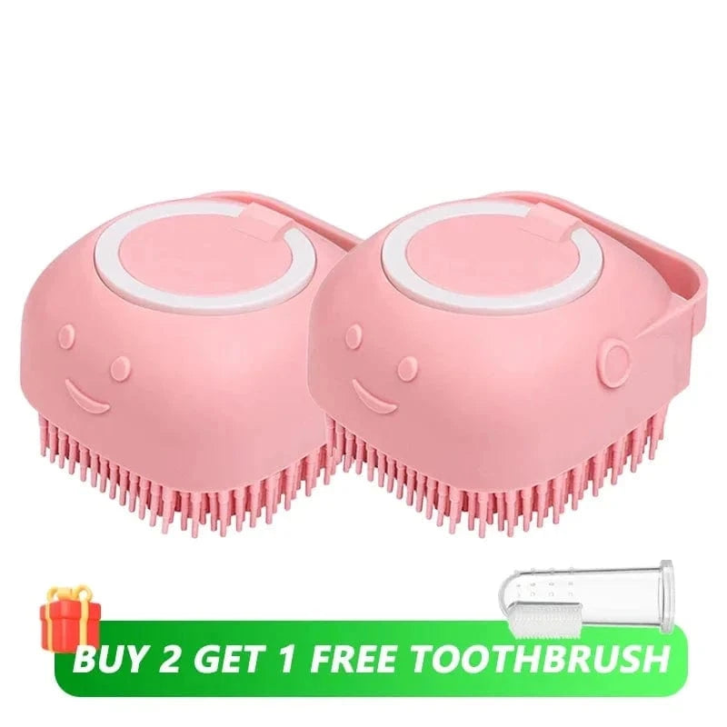 Snuffle Snouts 2x Pink Dog Bath Brush Silicone Pet Shampoo Brush Soap Dog Scrubber Cat Massage Grooming Wash Comb Soft Rubber Puppy Clean Brush