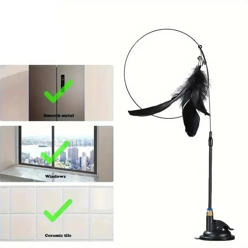 Snuffle Snouts Black Enhanced Cat Teaser Toy - Interactive Bell & Feather Wand - Long Suction Cup Pole for Exciting Playtime Adventures - Ultimate Cat Toy