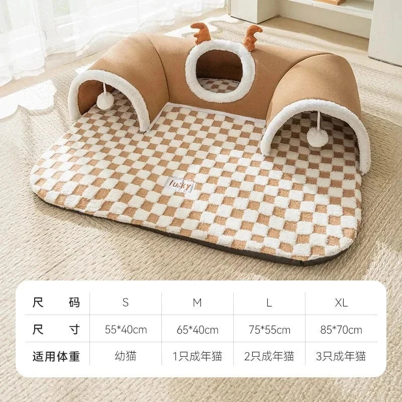Snuffle Snouts brown / M-65x40cm New 2024 Autumn and Winter Cat Elk Hide and Seek Cat Tunnel Play Sleeping Integrated Pet Nest Kennel Small Dog Accessories