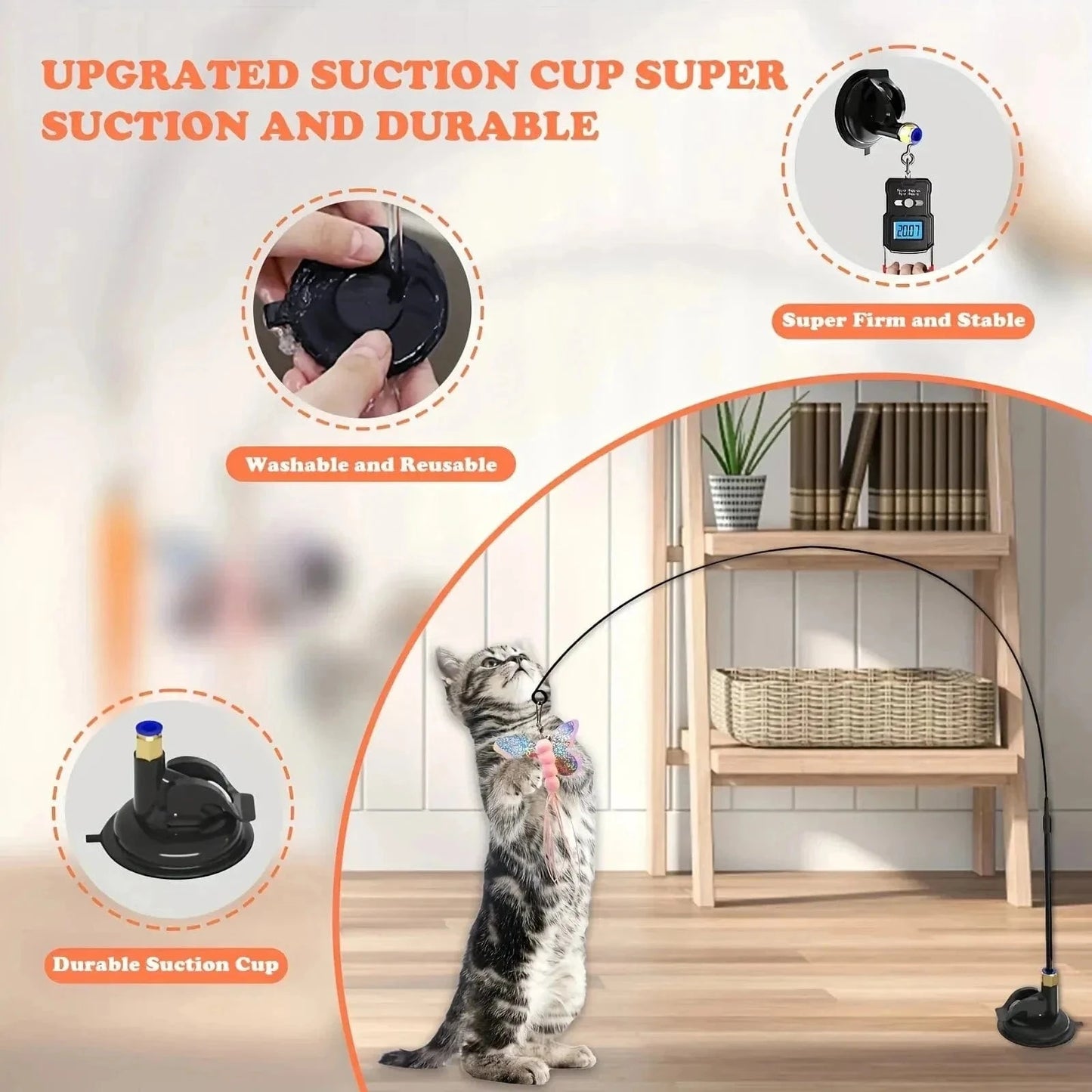 Snuffle Snouts Cat Teaser Toy - Interactive Bell & Feather Wand - Long Suction Cup Pole for Exciting Playtime Adventures - Ultimate Cat Toy