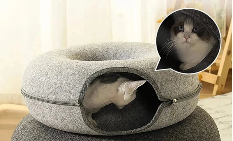 Snuffle Snouts Donut Cat Bed for 2 Cats Pet Cat Tunnel Toys Kitten House Basket Interactive Play Toys for Cats Natural Felt Rabbit Cave Nest