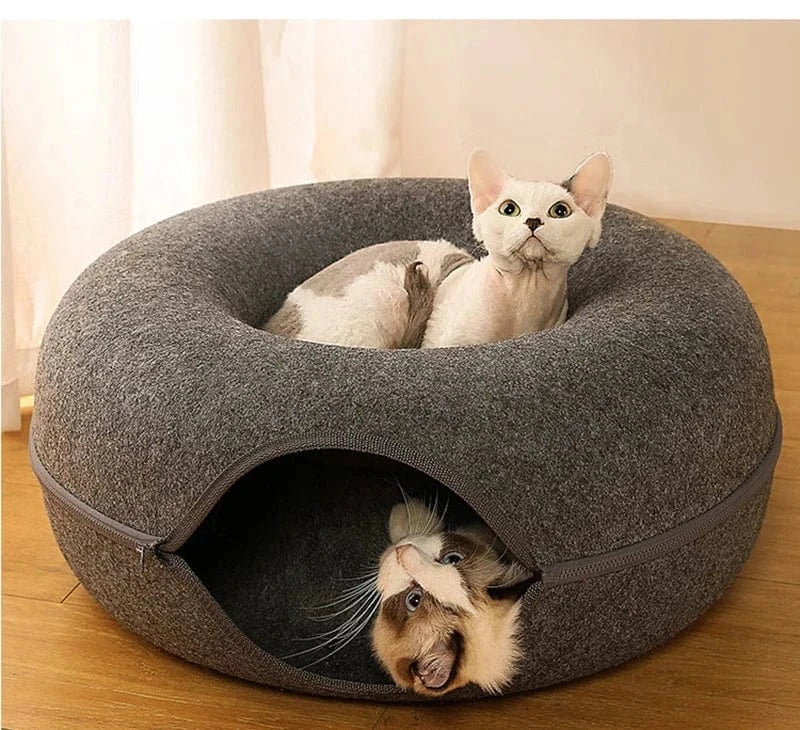Snuffle Snouts Donut Cat Bed for 2 Cats Pet Cat Tunnel Toys Kitten House Basket Interactive Play Toys for Cats Natural Felt Rabbit Cave Nest
