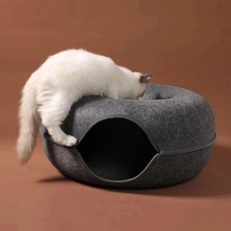 Snuffle Snouts Donut Cat Bed for 2 Cats Pet Cat Tunnel Toys Kitten House Basket Interactive Play Toys for Cats Natural Felt Rabbit Cave Nest