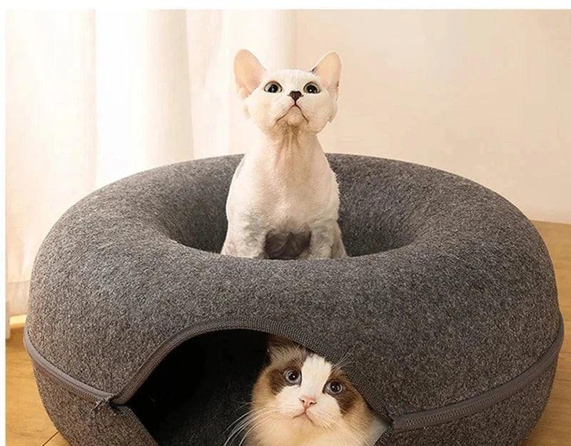 Snuffle Snouts Donut Cat Bed for 2 Cats Pet Cat Tunnel Toys Kitten House Basket Interactive Play Toys for Cats Natural Felt Rabbit Cave Nest