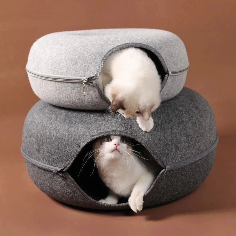 Snuffle Snouts Donut Cat Bed for 2 Cats Pet Cat Tunnel Toys Kitten House Basket Interactive Play Toys for Cats Natural Felt Rabbit Cave Nest