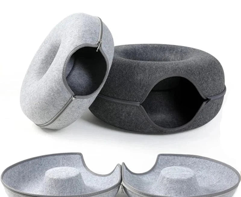 Snuffle Snouts Donut Cat Bed for 2 Cats Pet Cat Tunnel Toys Kitten House Basket Interactive Play Toys for Cats Natural Felt Rabbit Cave Nest