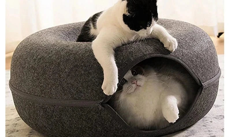 Snuffle Snouts Donut Cat Bed for 2 Cats Pet Cat Tunnel Toys Kitten House Basket Interactive Play Toys for Cats Natural Felt Rabbit Cave Nest