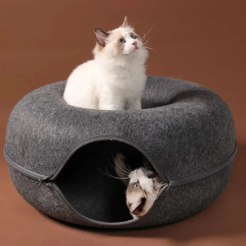 Snuffle Snouts Donut Cat Bed for 2 Cats Pet Cat Tunnel Toys Kitten House Basket Interactive Play Toys for Cats Natural Felt Rabbit Cave Nest