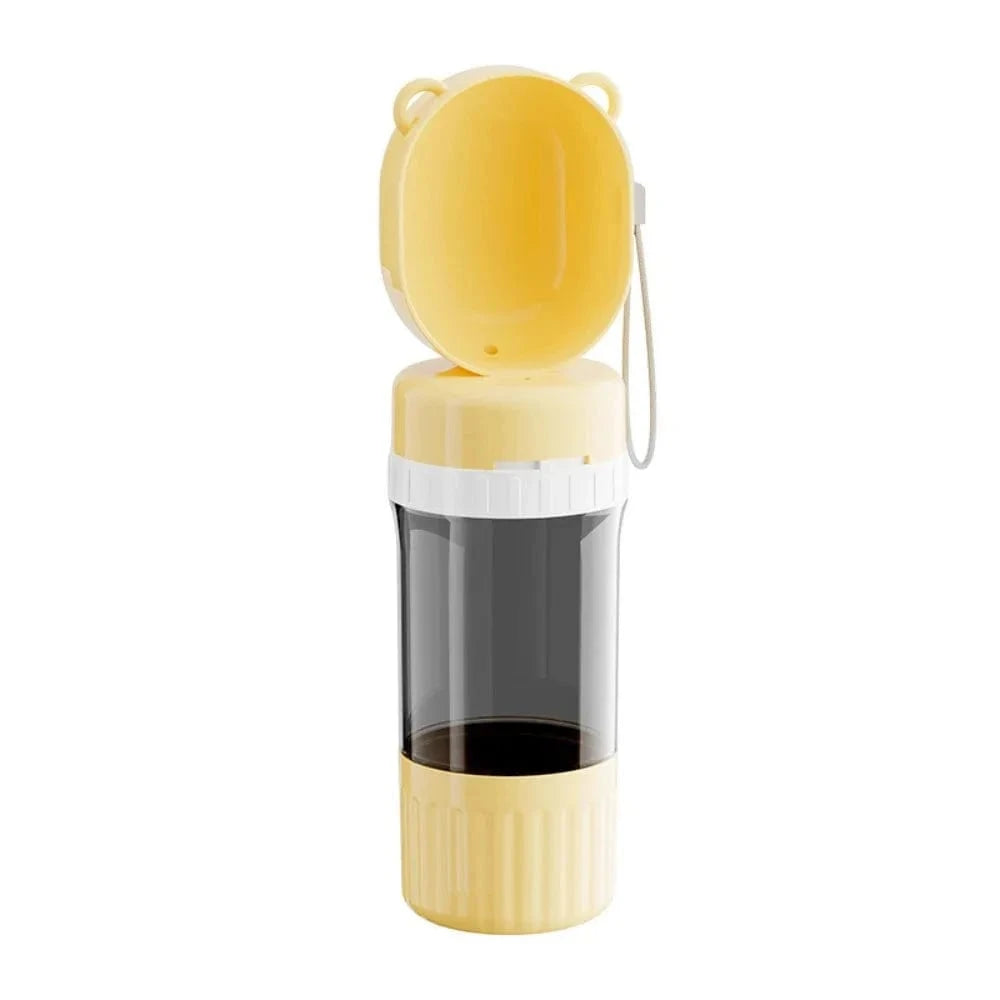 Snuffle Snouts Yellow 2-in-1 Travel Dog Bottle – 400ml Water + 180ml Food Leak-Proof Tumbler with Detachable Bowls for On-the-Go Pets