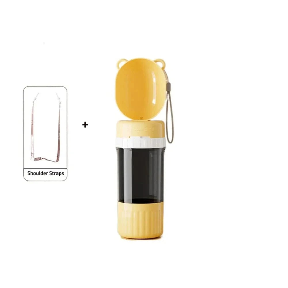 Snuffle Snouts Yellow and Straps 2-in-1 Travel Dog Bottle – 400ml Water + 180ml Food Leak-Proof Tumbler with Detachable Bowls for On-the-Go Pets