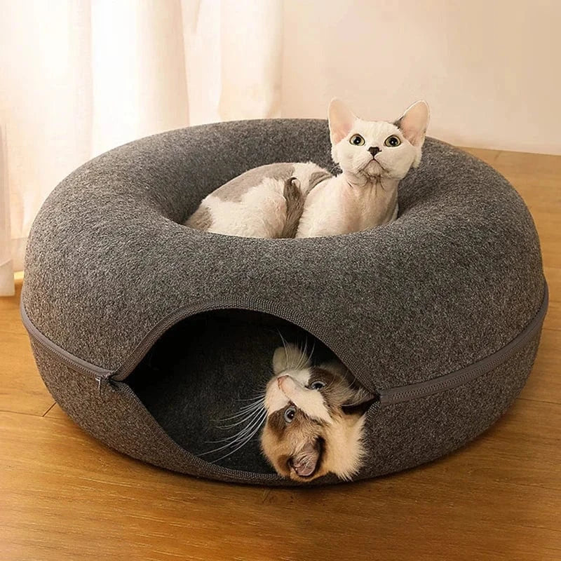 Snuffle Snouts Donut Cat Bed for 2 Cats Pet Cat Tunnel Toys Kitten House Basket Interactive Play Toys for Cats Natural Felt Rabbit Cave Nest