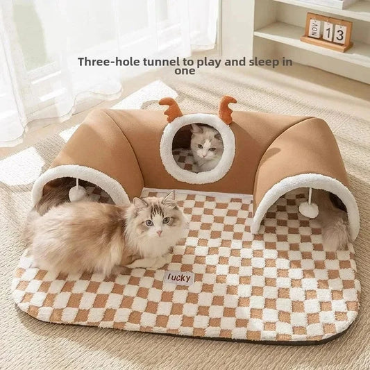Snuffle Snouts New 2024 Autumn and Winter Cat Elk Hide and Seek Cat Tunnel Play Sleeping Integrated Pet Nest Kennel Small Dog Accessories