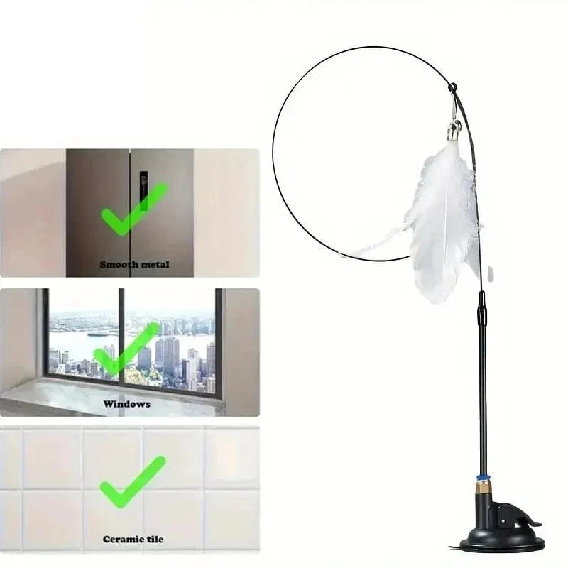 Snuffle Snouts White Enhanced Cat Teaser Toy - Interactive Bell & Feather Wand - Long Suction Cup Pole for Exciting Playtime Adventures - Ultimate Cat Toy