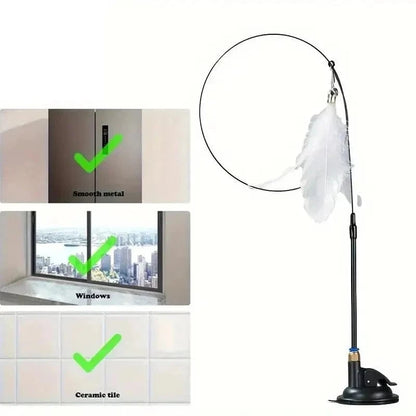 Snuffle Snouts White Enhanced Cat Teaser Toy - Interactive Bell & Feather Wand - Long Suction Cup Pole for Exciting Playtime Adventures - Ultimate Cat Toy